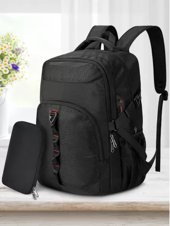 Men Honeycomb Pattern Release Buckle Decor Travel Backpack With Coin Purse