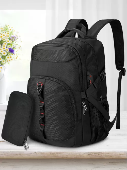 Men Honeycomb Pattern Release Buckle Decor Travel Backpack With Coin Purse